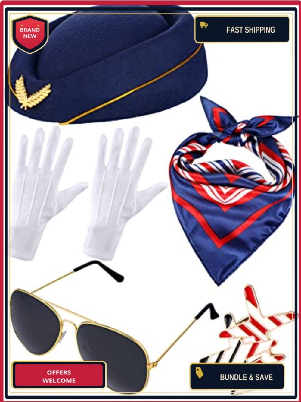 7 Pc Flight Attendant Costume Accessory Set Hat Sunglasses Scarf Pins Gloves